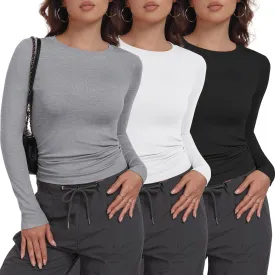 3 Pack Womens Long Sleeve Shirts Crew Neck Basic Stretchy Fitted Y2K Tops Going Out Fashion Clothes