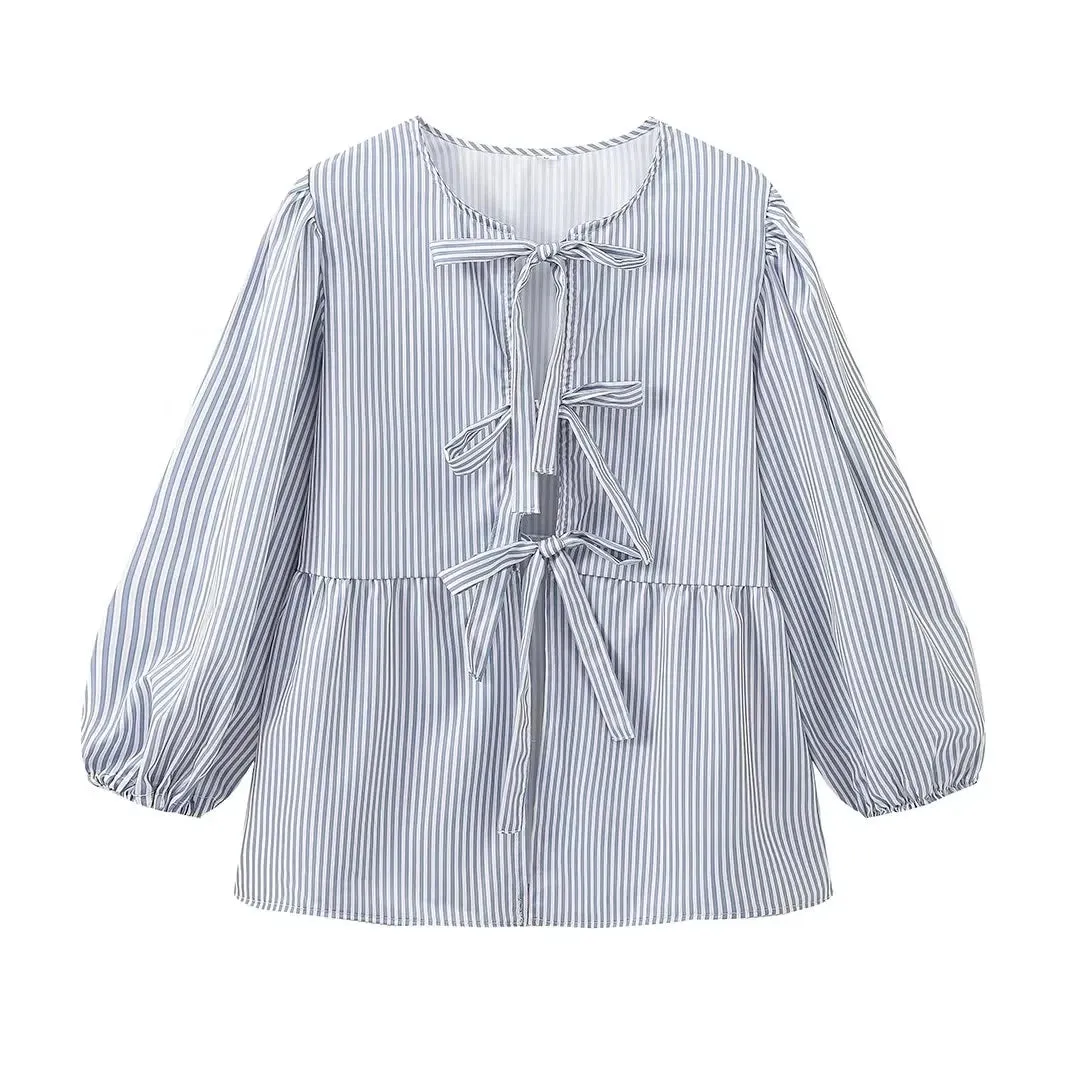 Advbridge  Summer Fashion Woman Bow Tied Lace Up Shirts Casual Puff Short Sleeves Blouse Elegant O-neck Ruffle Solid Color Tops