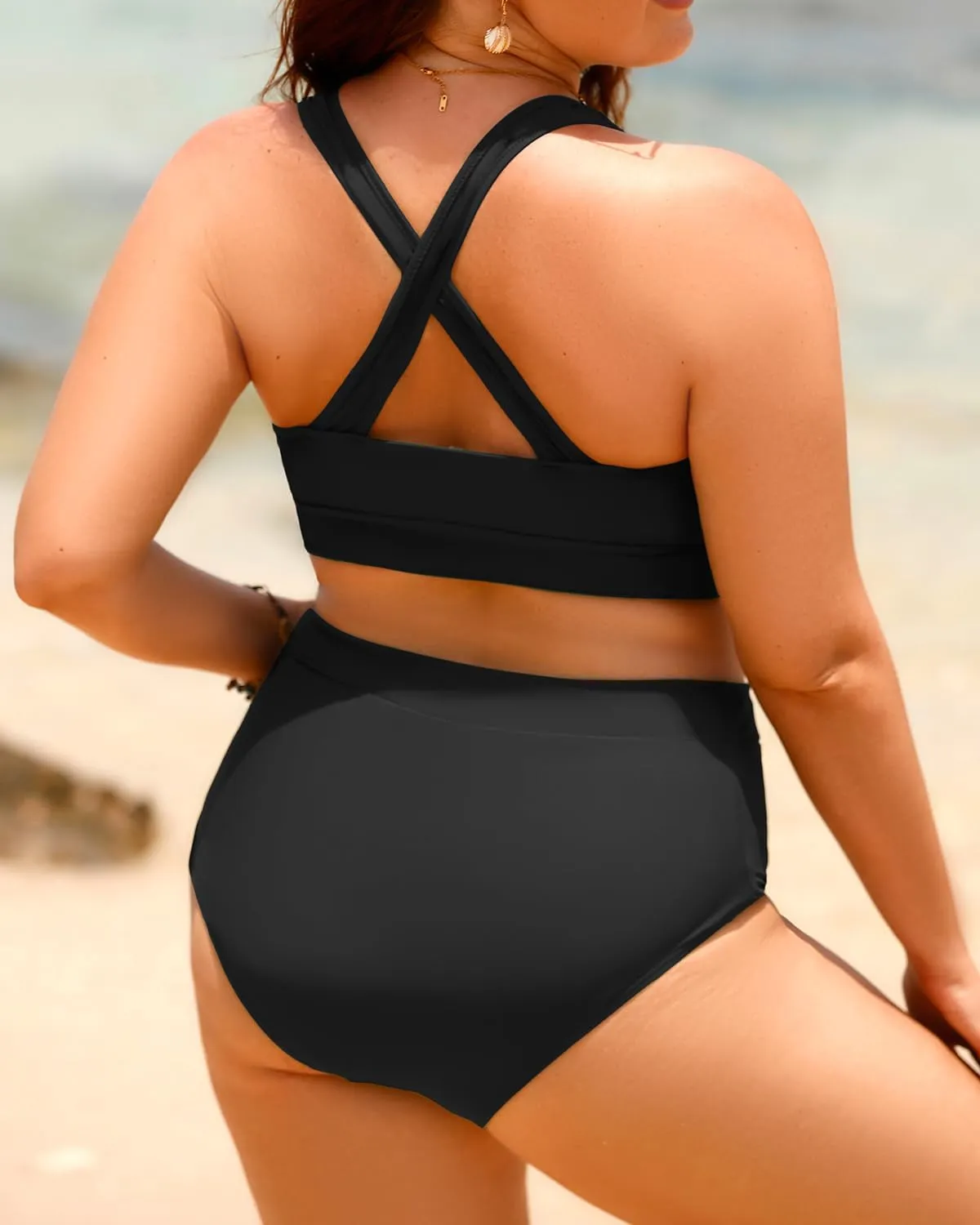 Aqua Eve Plus Size Two Piece High Waisted Bikini Swimsuits Scoop Neck Bikini Set Sporty Bathing Suits