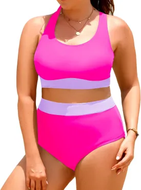 Aqua Eve Plus Size Two Piece High Waisted Bikini Swimsuits Scoop Neck Bikini Set Sporty Bathing Suits