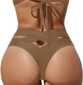HYTENSUN Women's Cheeky V Cut Back High Waisted Bikini Bottom Cross Criss Swimsuit Bottoms