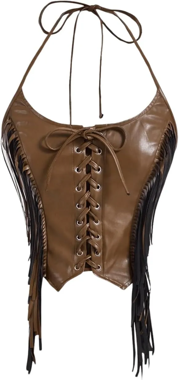MakeMeChic Women's Lace Up Fringe PU Leather Corset Top Tie Back Cropped Halter Cami Top