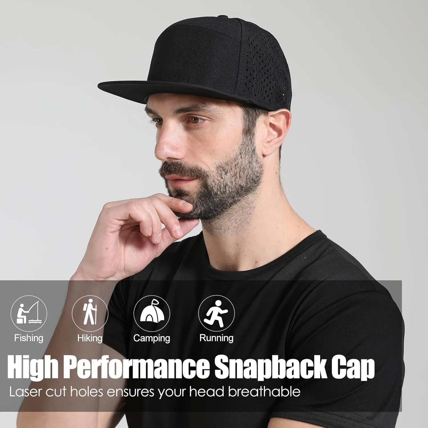 Men's Flat Brim Baseball Cap Adjustable Performance Snapback Trucker Hat Laser Perforated Cap 6 Panel Blank Hats