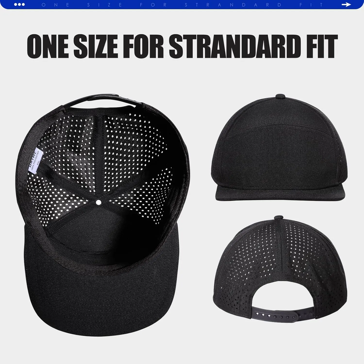 Men's Flat Brim Baseball Cap Adjustable Performance Snapback Trucker Hat Laser Perforated Cap 6 Panel Blank Hats