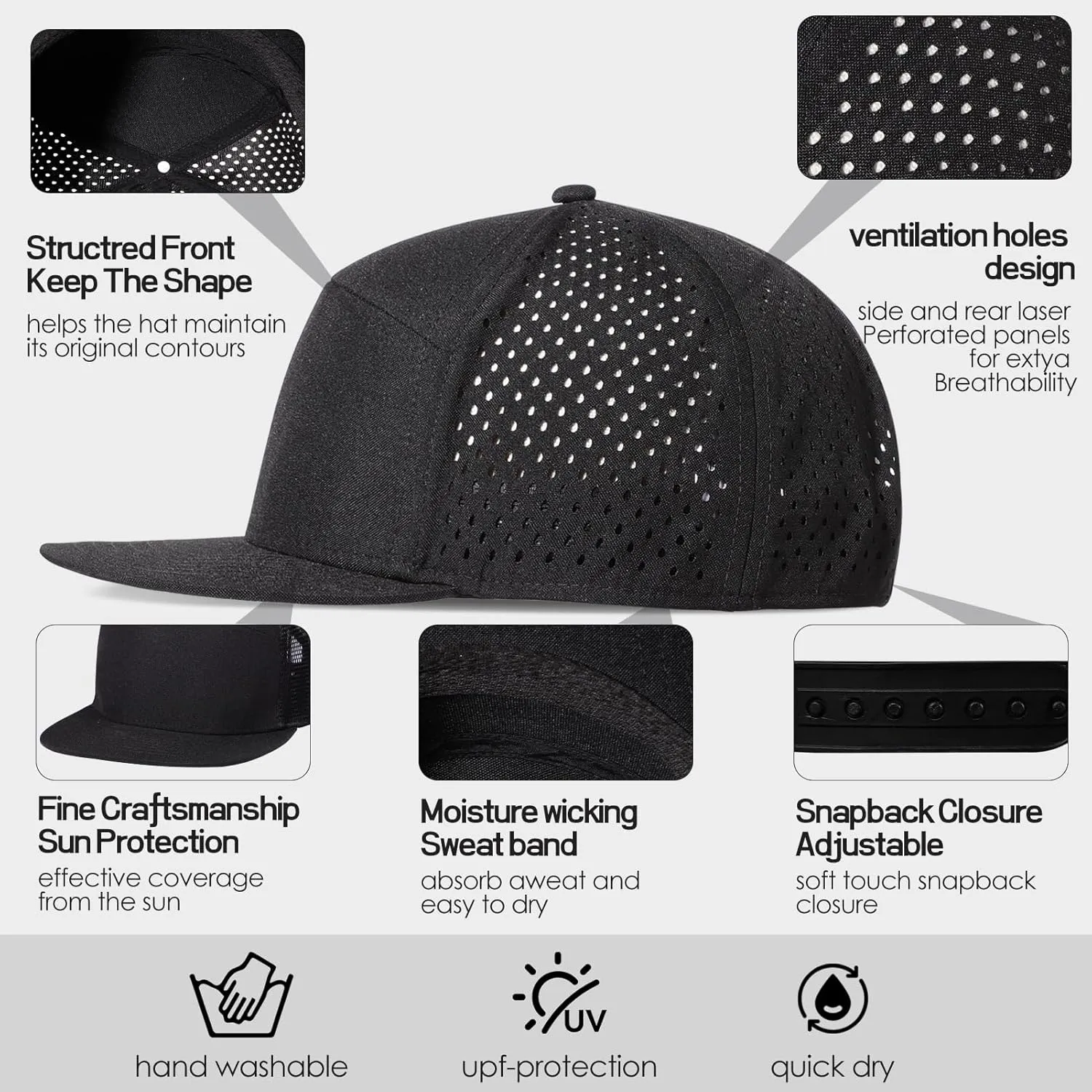 Men's Flat Brim Baseball Cap Adjustable Performance Snapback Trucker Hat Laser Perforated Cap 6 Panel Blank Hats
