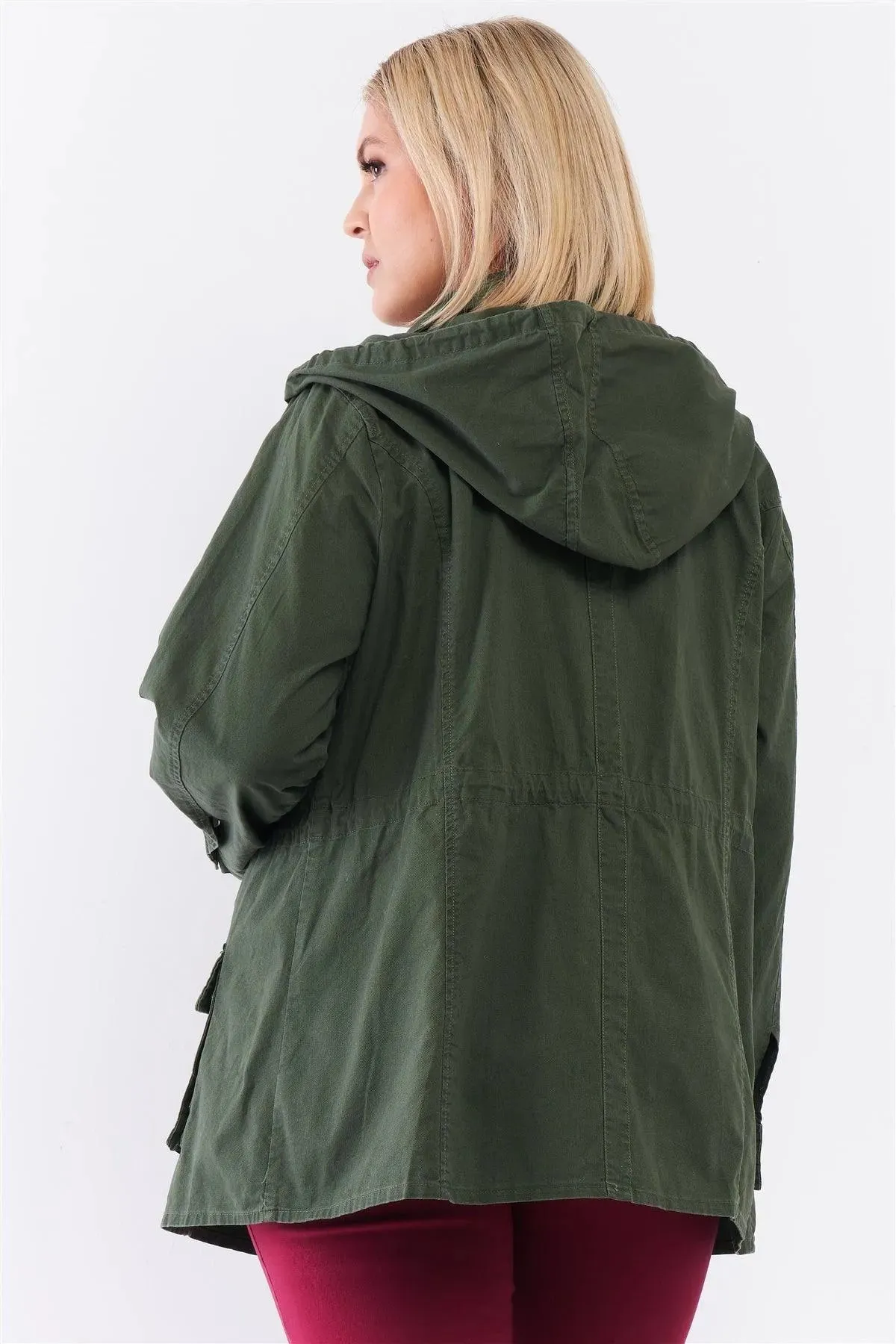 Plus Size Cotton Button Down Hood Utility Jacket /4-2-1