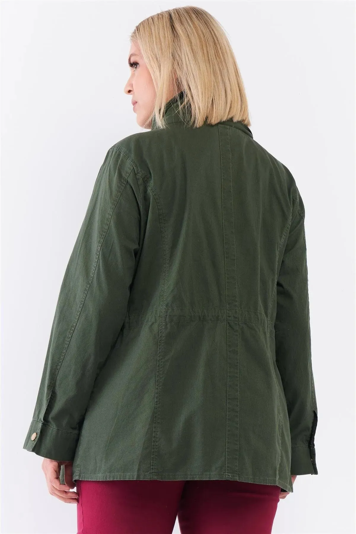 Plus Size Cotton Button Down Hood Utility Jacket /4-2-1