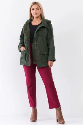 Plus Size Cotton Button Down Hood Utility Jacket /4-2-1