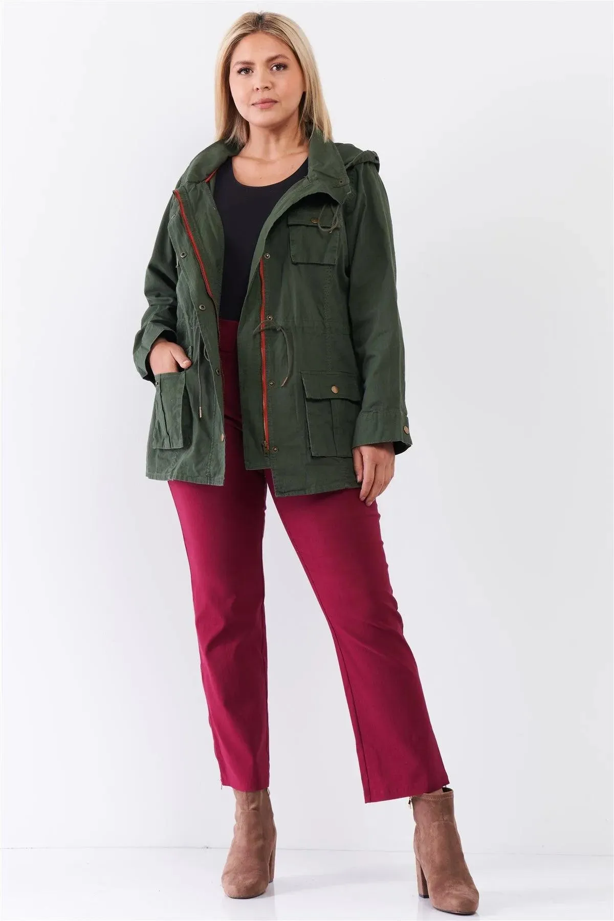 Plus Size Cotton Button Down Hood Utility Jacket /4-2-1
