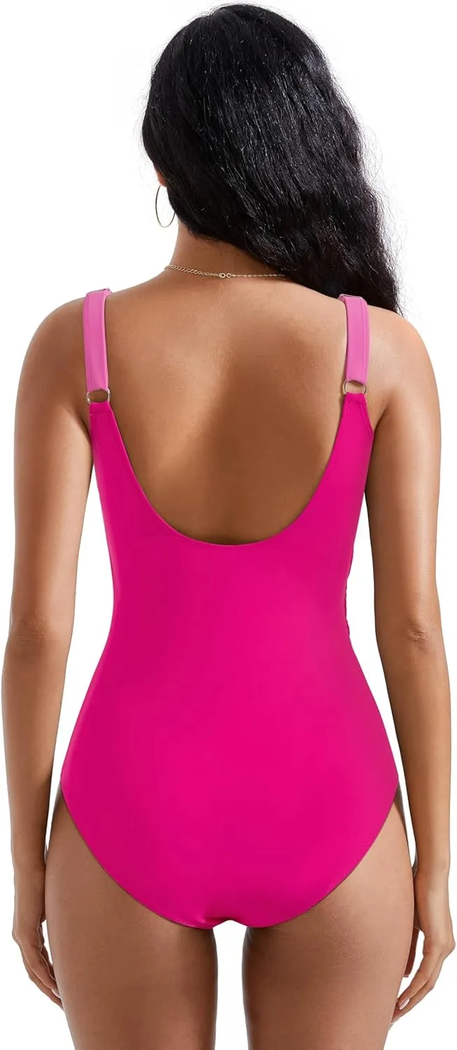 RXRXCOCO Womens One Piece Swimsuits Tummy Control Ruched Criss Cross Bathing Suits V Neck Slimming Swimwear