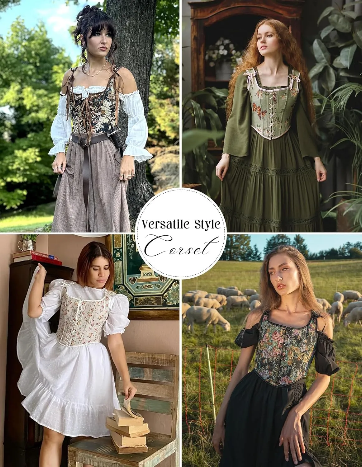 Scarlet Darkness Corset Tops for Women Renaissance Lace Up Floral Overbust Boned Bustier Bodice