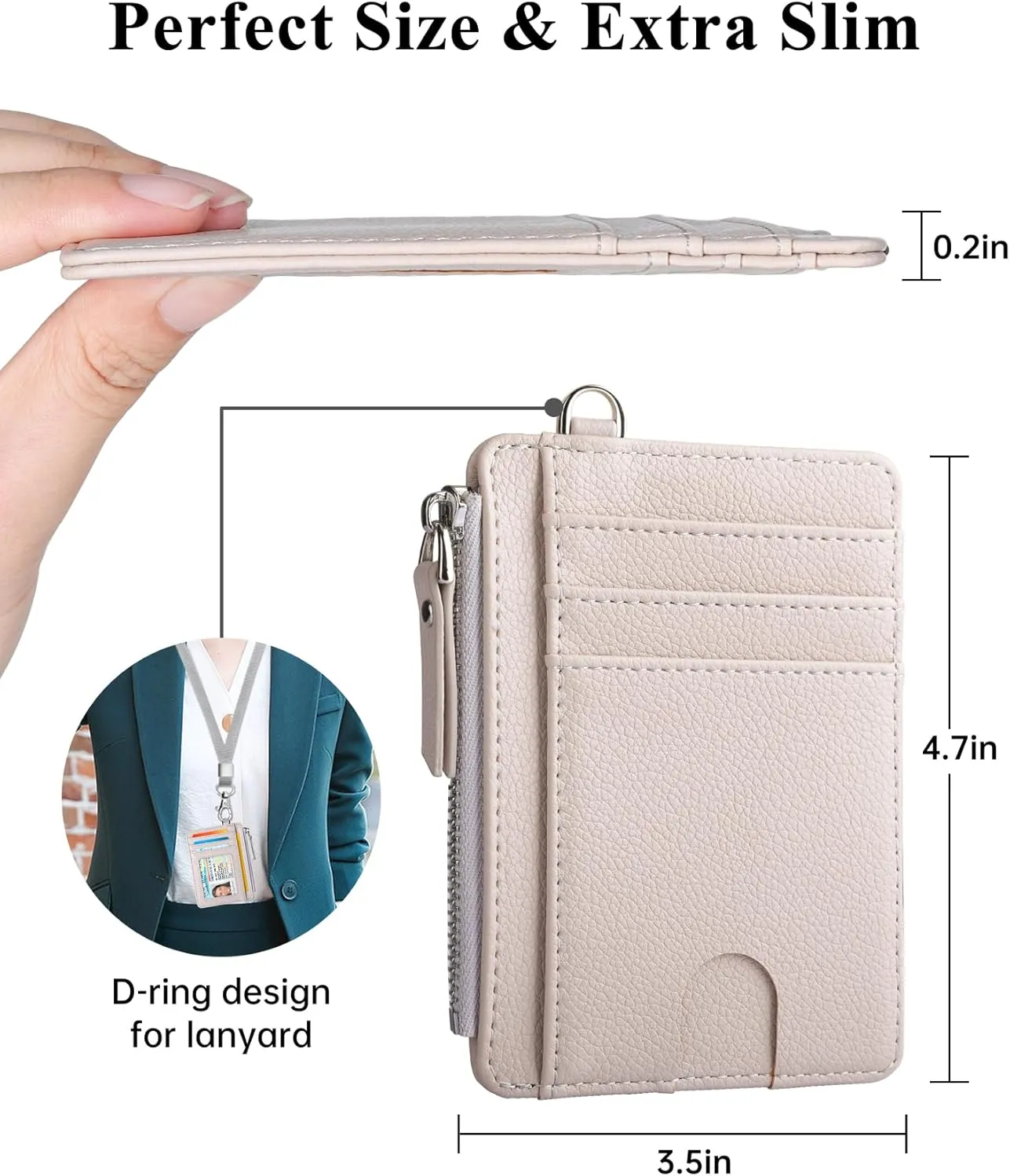 Teskyer Slim Minimalist Wallet, RFID Blocking Credit Card Holder Leather Wallet with Zipper Pocket for Men Women - Lichee Beige