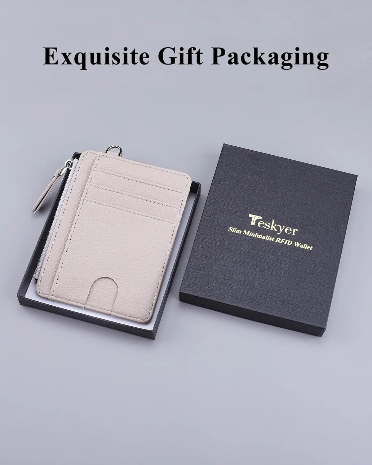 Teskyer Slim Minimalist Wallet, RFID Blocking Credit Card Holder Leather Wallet with Zipper Pocket for Men Women - Lichee Beige