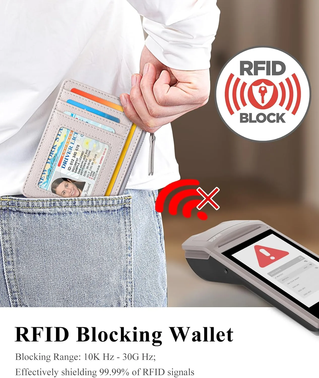 Teskyer Slim Minimalist Wallet, RFID Blocking Credit Card Holder Leather Wallet with Zipper Pocket for Men Women - Lichee Beige