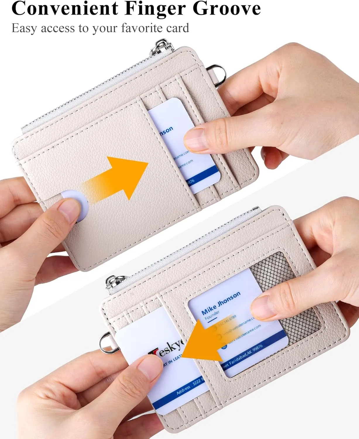 Teskyer Slim Minimalist Wallet, RFID Blocking Credit Card Holder Leather Wallet with Zipper Pocket for Men Women - Lichee Beige
