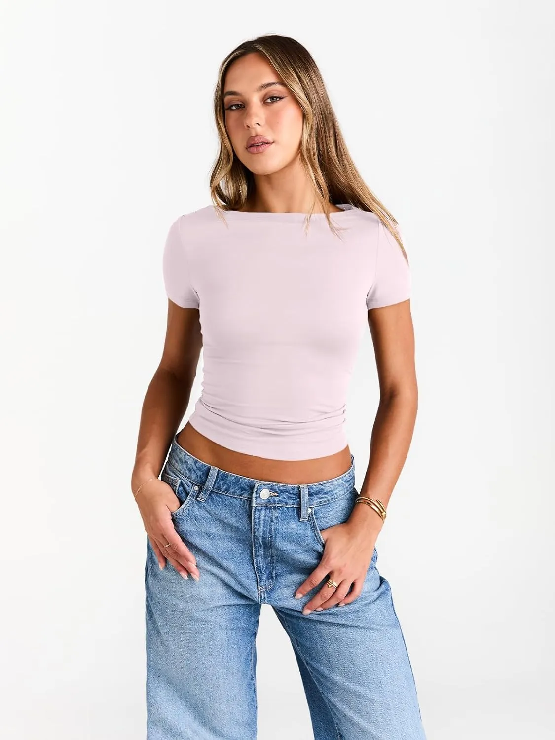 Trendy Queen Womens Boat Neck Tops Short Sleeve T-Shirts Slim Fitted Compression Summer Y2k Basic Clothes 2025