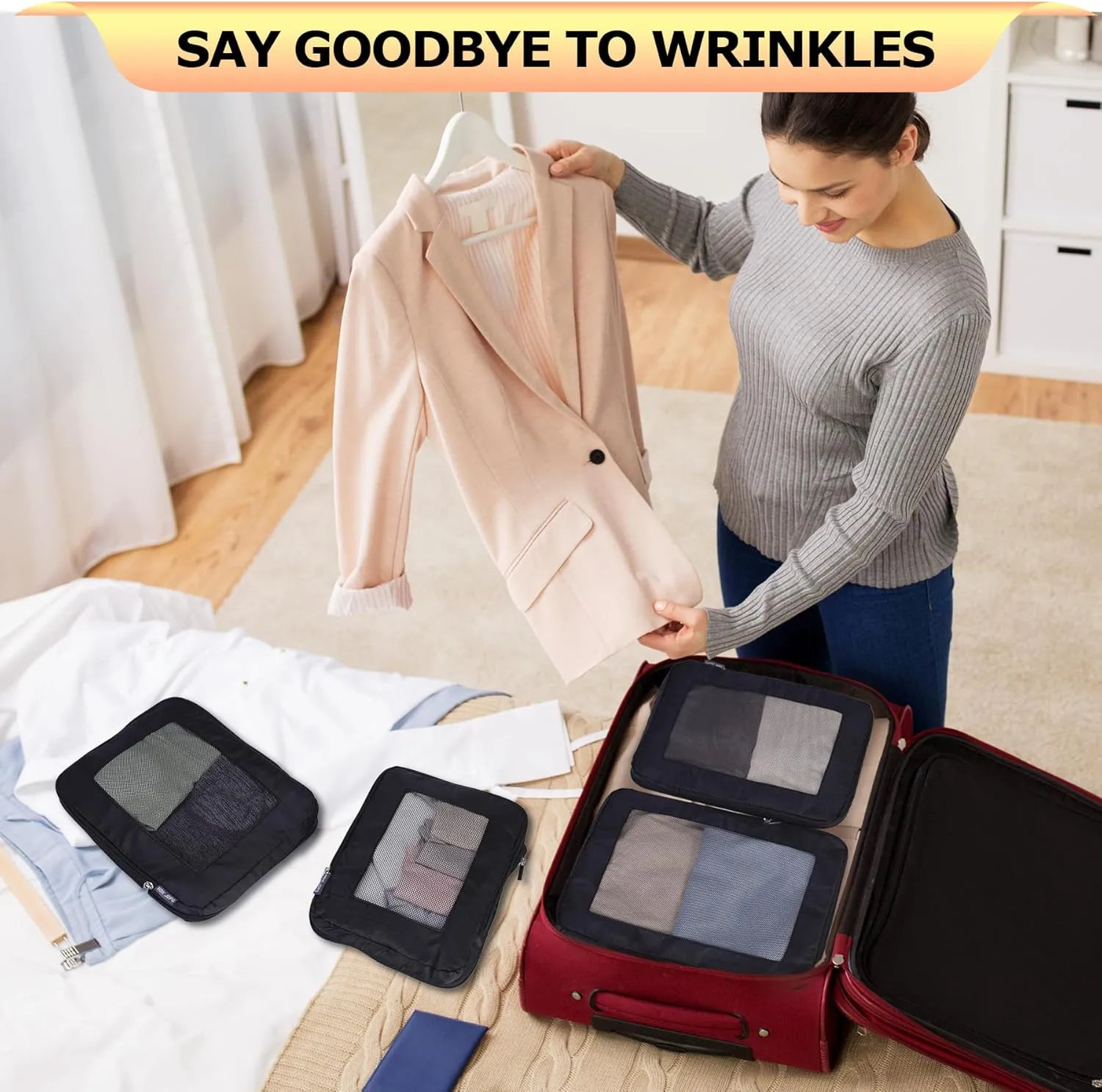 Ultralight Compression Packing Cubes Travel for Suitcases Compressible Mesh Packing Cubes for Travel Women Packing Organizers 4 Set