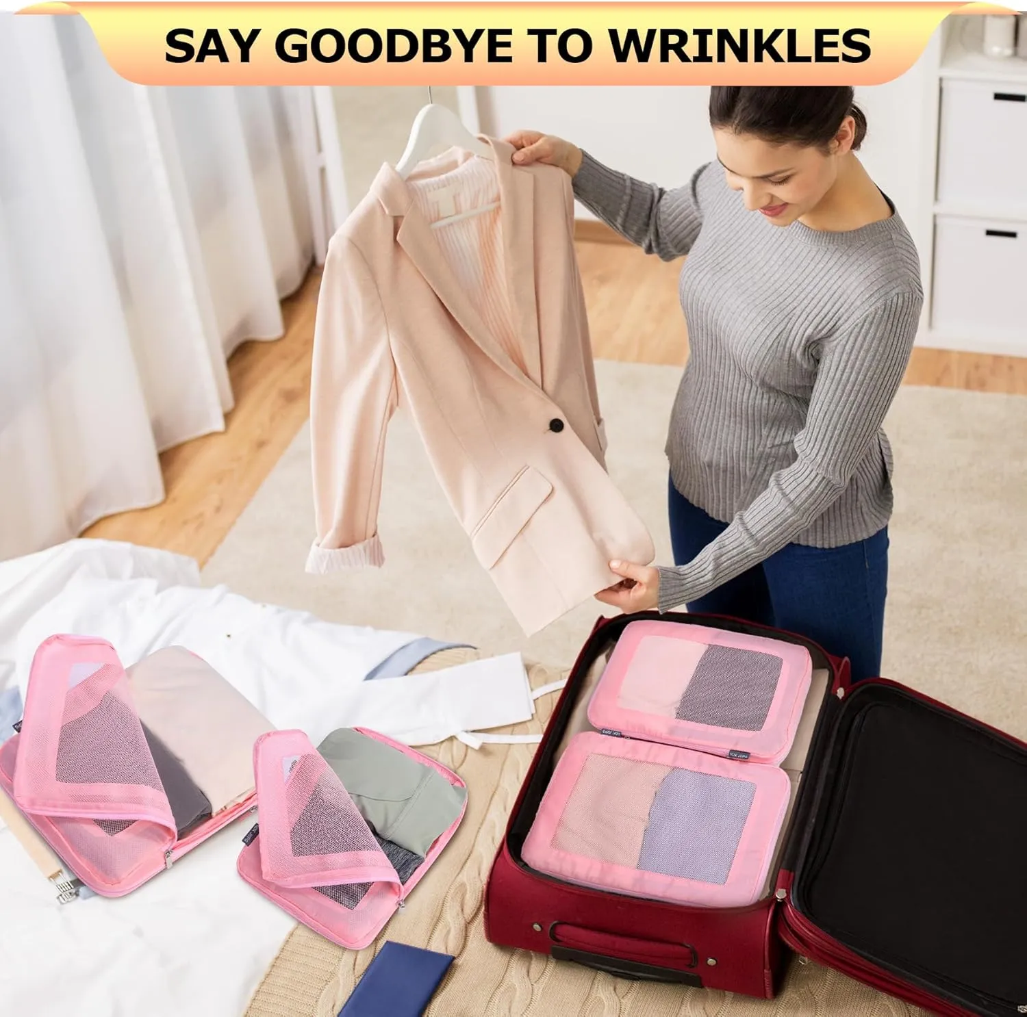 Ultralight Compression Packing Cubes Travel for Suitcases Compressible Mesh Packing Cubes for Travel Women Packing Organizers 4 Set