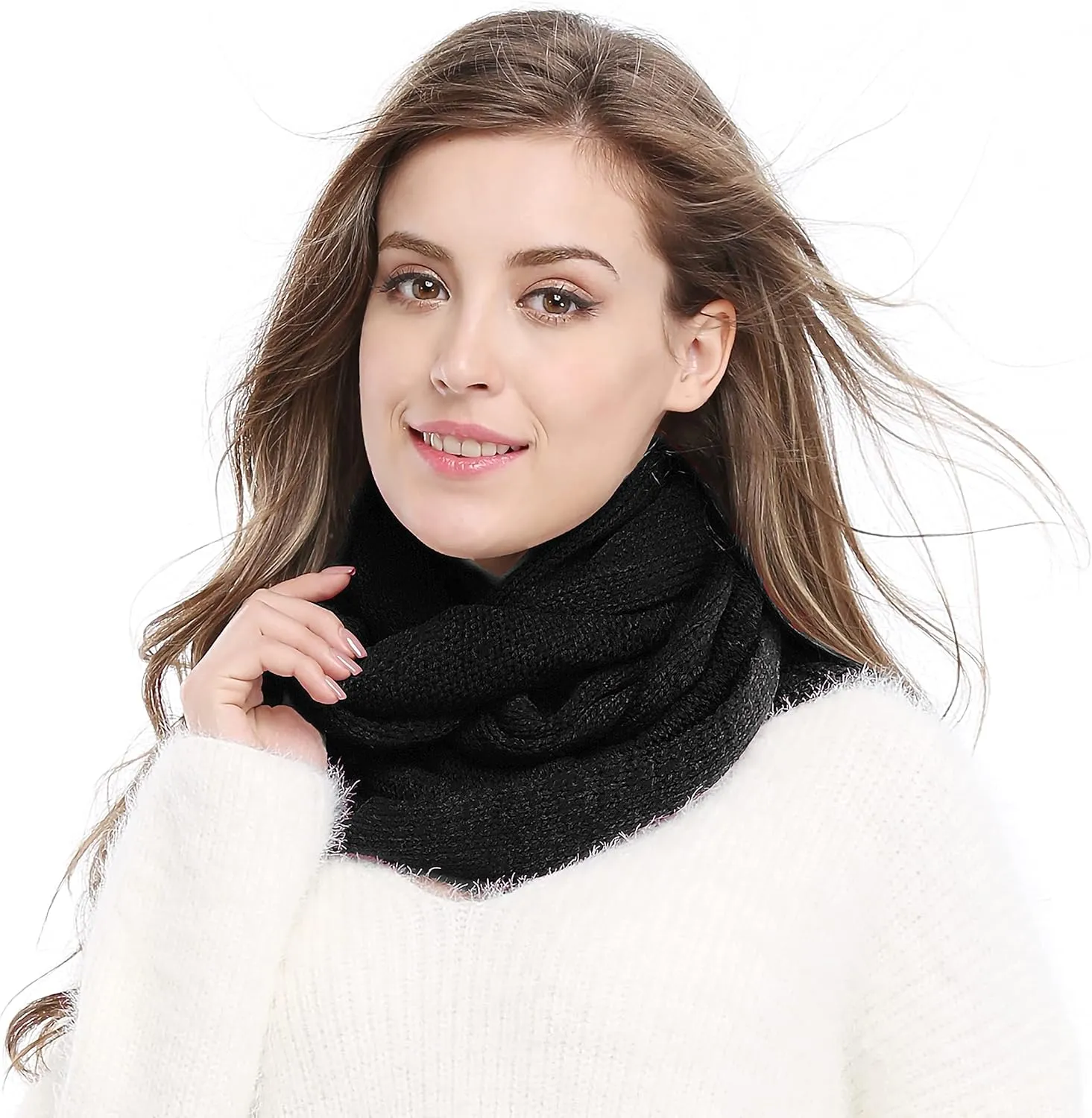 Winter Soft Pullover Knit Infinity Scarf Beanie Hoodie Scarf
