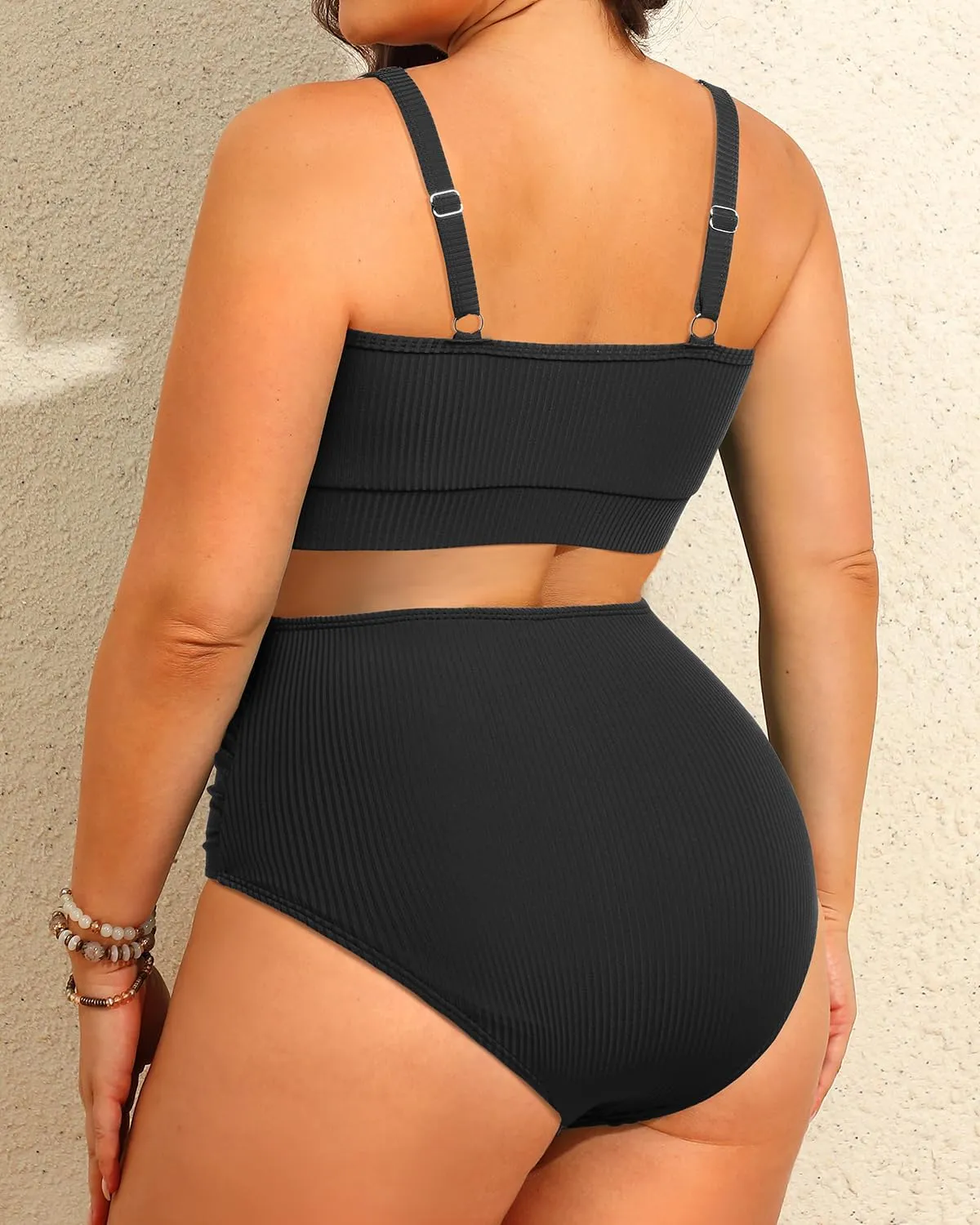 Women Plus Size High Waisted Bikini - Ribbed Two Piece Swimsuit Tummy Control Bathing Suit V-Wired 2025 Swimwear