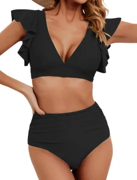 Women Ruffle High Waisted Swimsuit Two Piece Tropical Print Swimsuit Push Up Bathing Suit