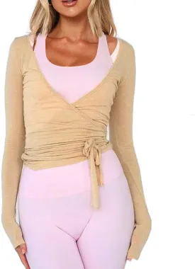Women Wrap Tie Top Y2k Long Sleeve Ballet Workout Yoga Shirt Coquette Blouses
