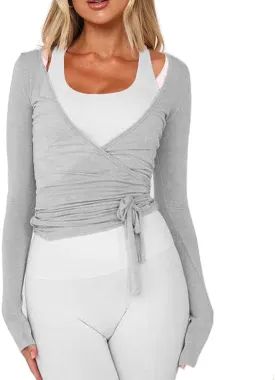 Women Wrap Tie Top Y2k Long Sleeve Ballet Workout Yoga Shirt Coquette Blouses