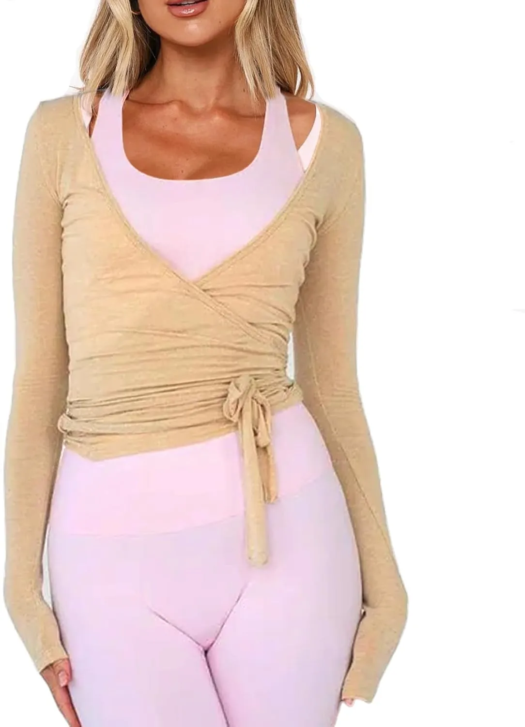 Women Wrap Tie Top Y2k Long Sleeve Ballet Workout Yoga Shirt Coquette Blouses