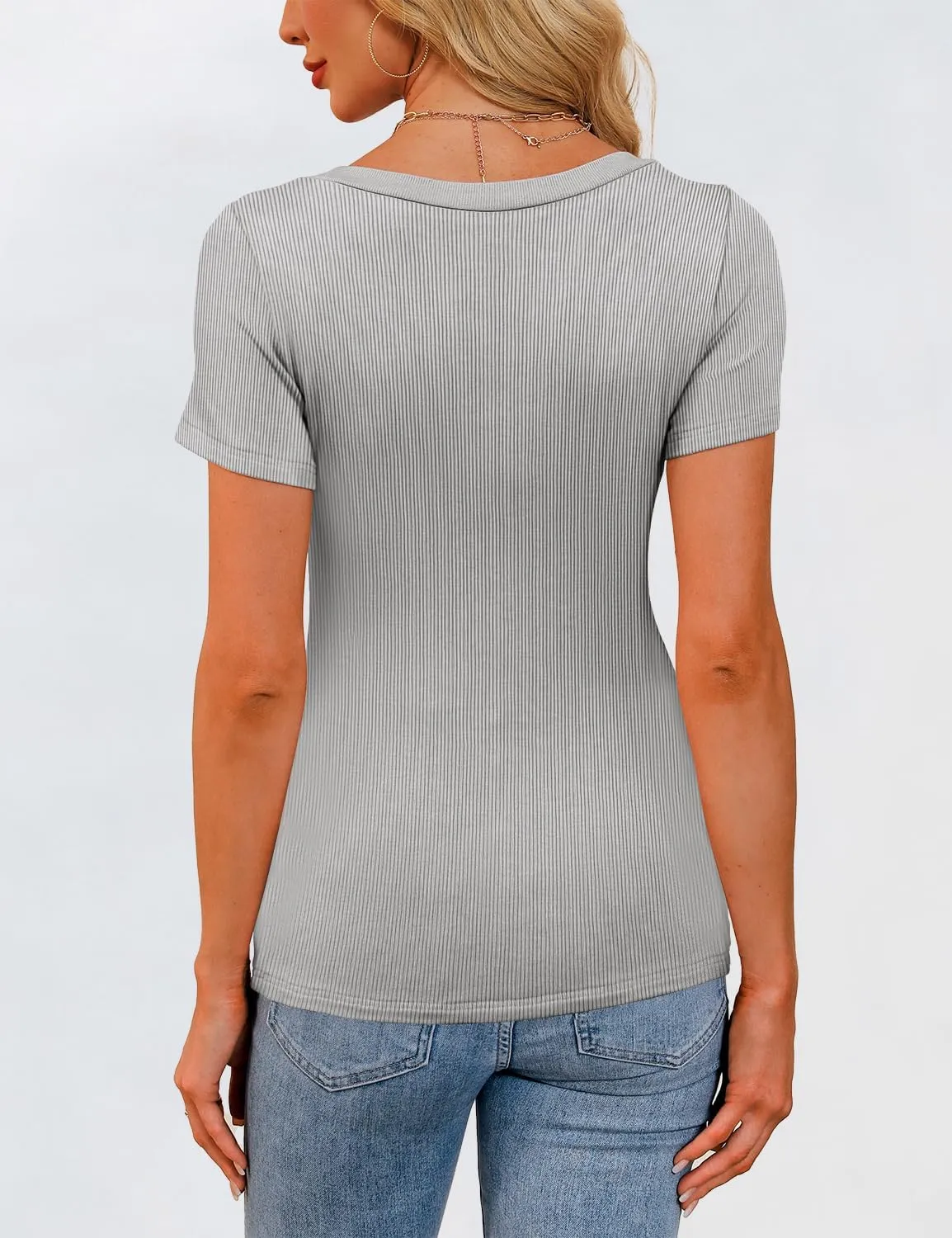 Womens Short Sleeve Tops Scoop Neck Ribbed Slim Fitted Basic Tee Shirts Cute Summer Tops 2025 Trendy Outfits