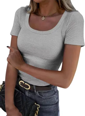 Womens Short Sleeve Tops Scoop Neck Ribbed Slim Fitted Basic Tee Shirts Cute Summer Tops 2025 Trendy Outfits
