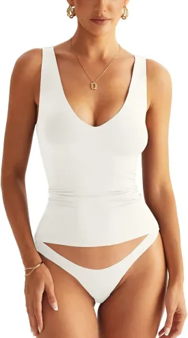 Womens V Neck Tank Tops Sleeveless Double Lined Basic Tops Slim Fit Summer Shirts 2025