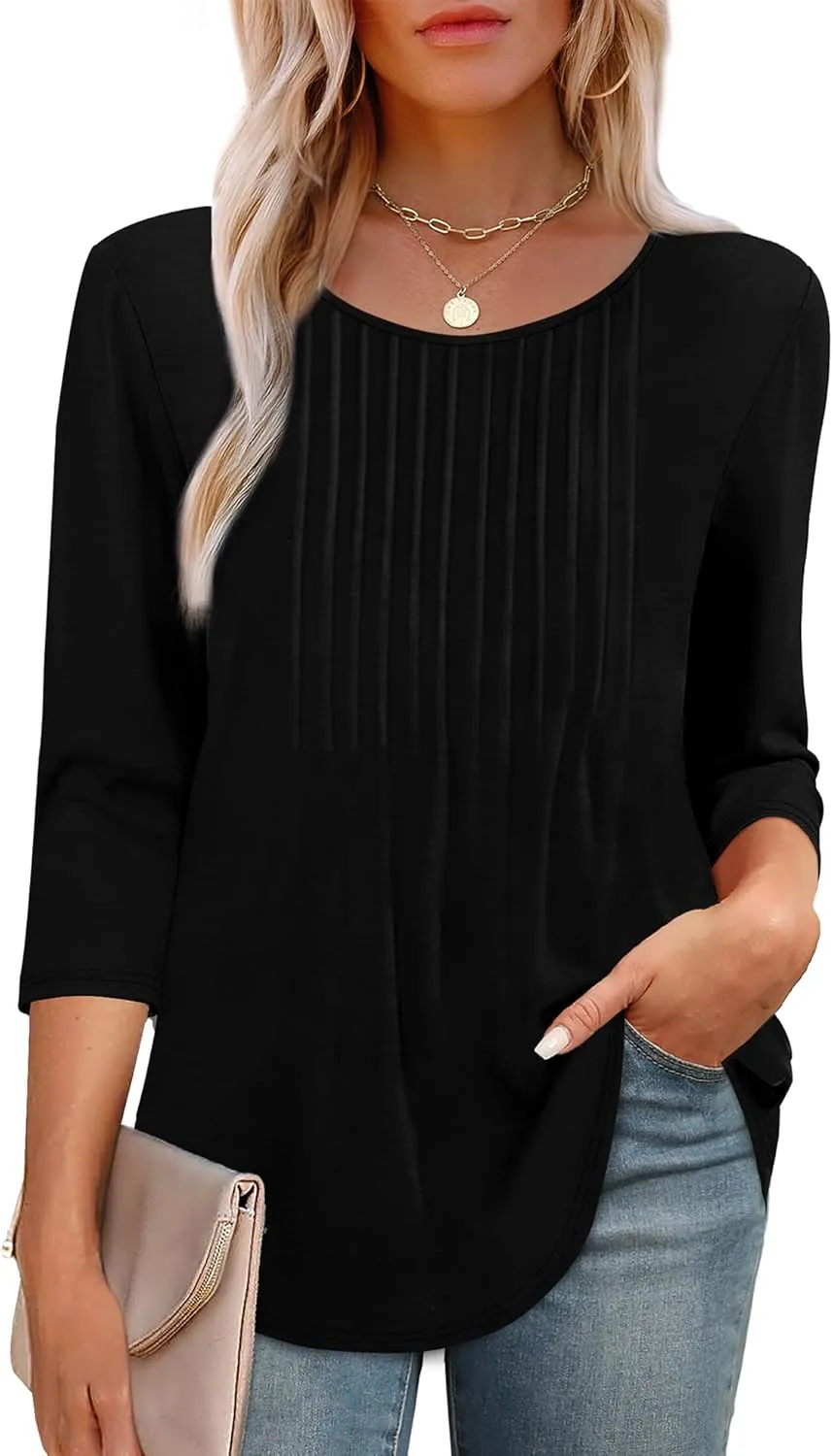 XIEERDUO 3/4 Length Sleeve Tops for Women 2025 Crewneck Casual Pleated Tunic Tops Loose Fit Shirts Blouses