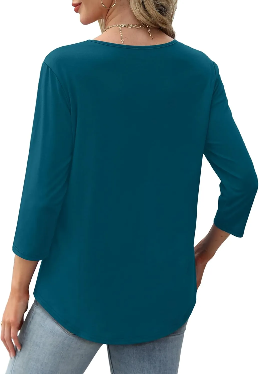 XIEERDUO 3/4 Length Sleeve Tops for Women 2025 Crewneck Casual Pleated Tunic Tops Loose Fit Shirts Blouses