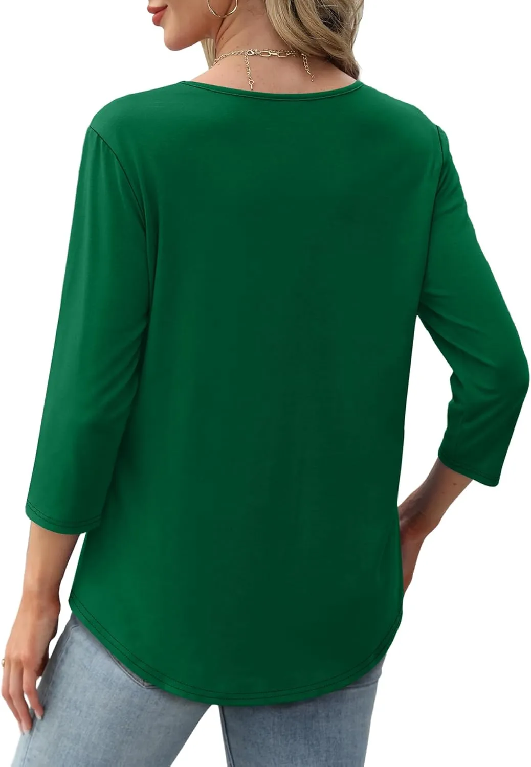 XIEERDUO 3/4 Length Sleeve Tops for Women 2025 Crewneck Casual Pleated Tunic Tops Loose Fit Shirts Blouses