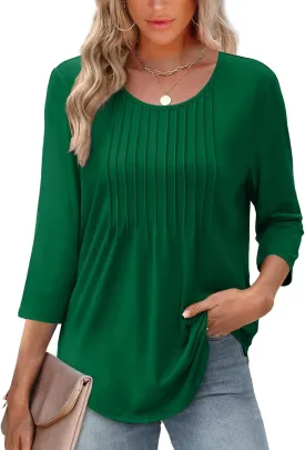 XIEERDUO 3/4 Length Sleeve Tops for Women 2025 Crewneck Casual Pleated Tunic Tops Loose Fit Shirts Blouses