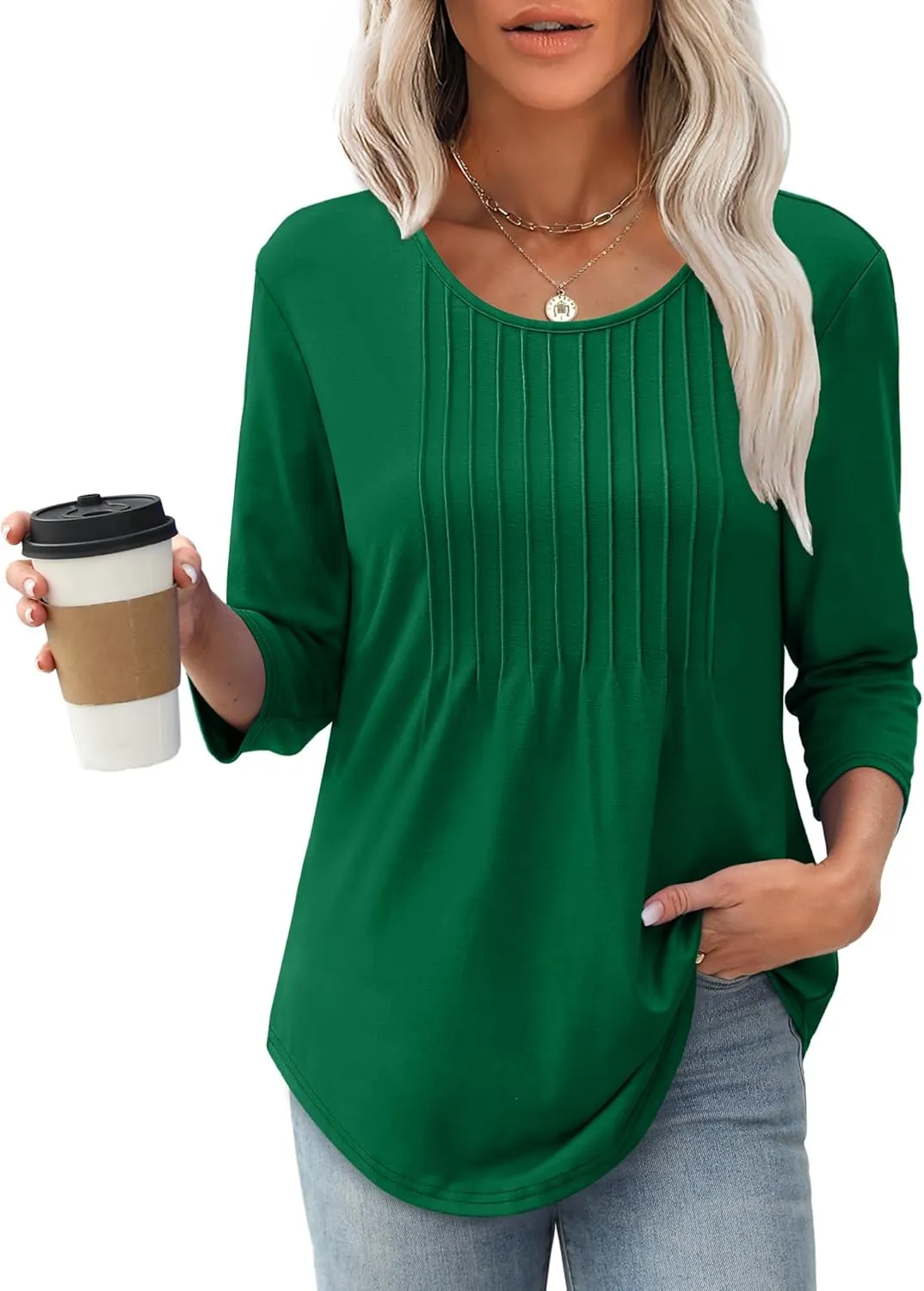 XIEERDUO 3/4 Length Sleeve Tops for Women 2025 Crewneck Casual Pleated Tunic Tops Loose Fit Shirts Blouses