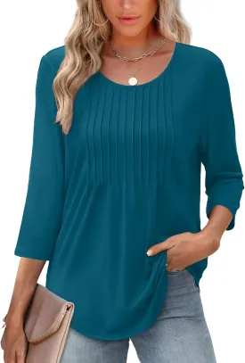 XIEERDUO 3/4 Length Sleeve Tops for Women 2025 Crewneck Casual Pleated Tunic Tops Loose Fit Shirts Blouses