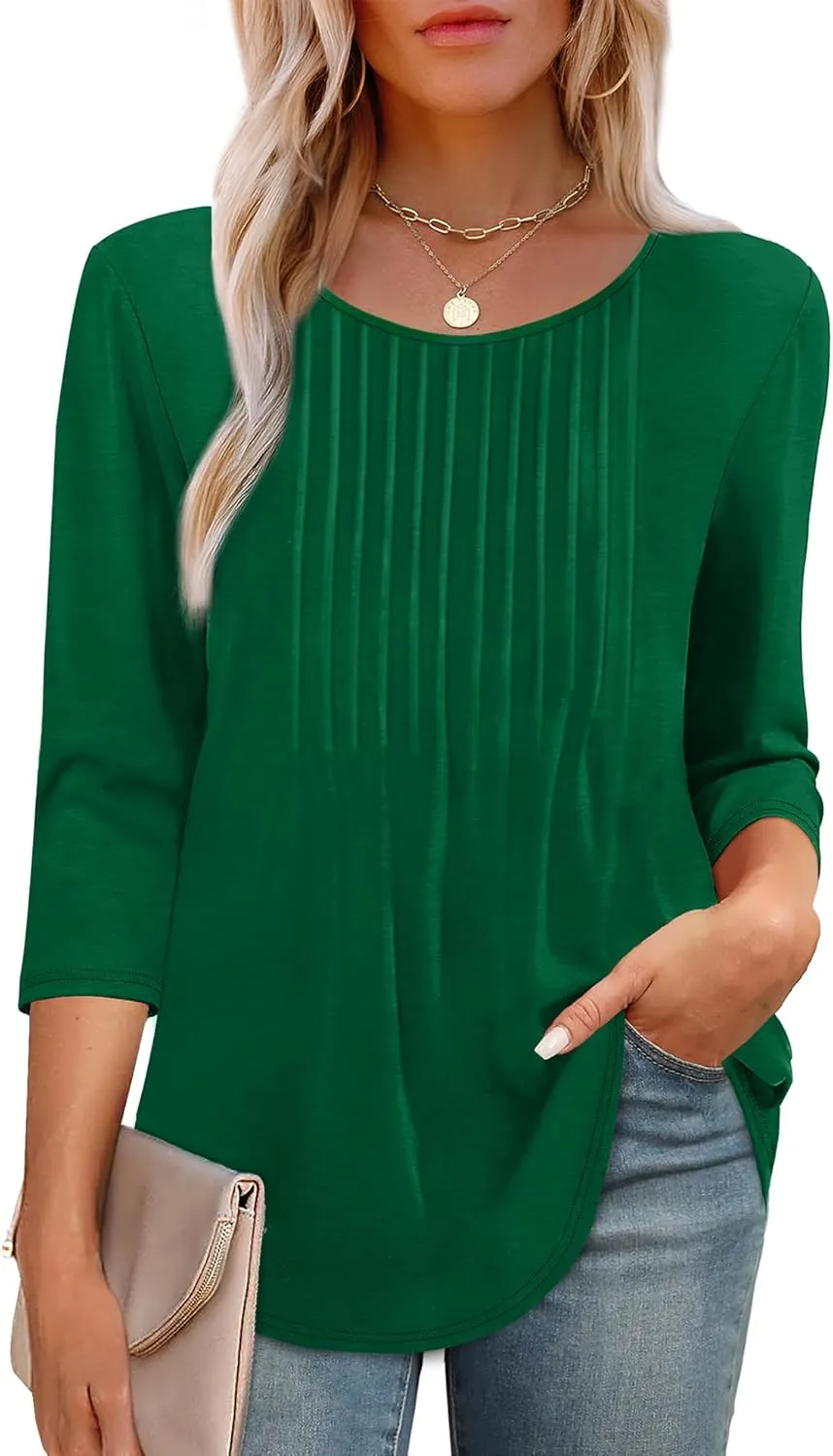 XIEERDUO 3/4 Length Sleeve Tops for Women 2025 Crewneck Casual Pleated Tunic Tops Loose Fit Shirts Blouses