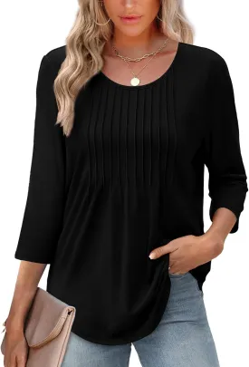 XIEERDUO 3/4 Length Sleeve Tops for Women 2025 Crewneck Casual Pleated Tunic Tops Loose Fit Shirts Blouses