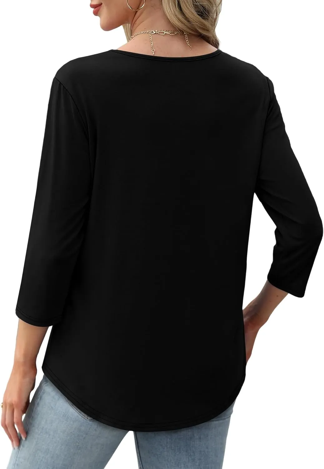 XIEERDUO 3/4 Length Sleeve Tops for Women 2025 Crewneck Casual Pleated Tunic Tops Loose Fit Shirts Blouses