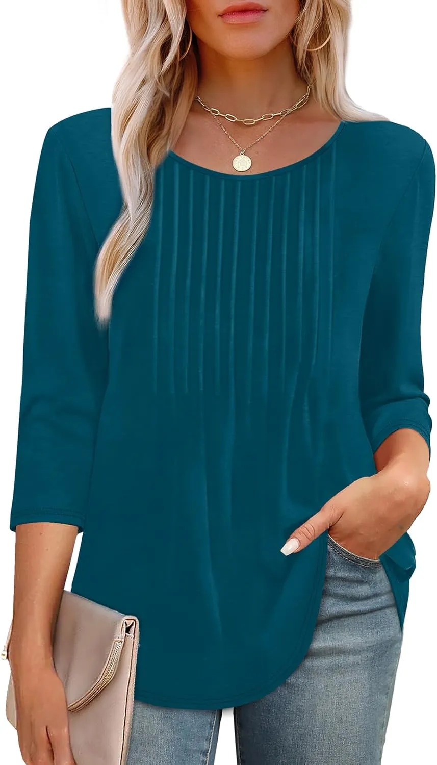 XIEERDUO 3/4 Length Sleeve Tops for Women 2025 Crewneck Casual Pleated Tunic Tops Loose Fit Shirts Blouses