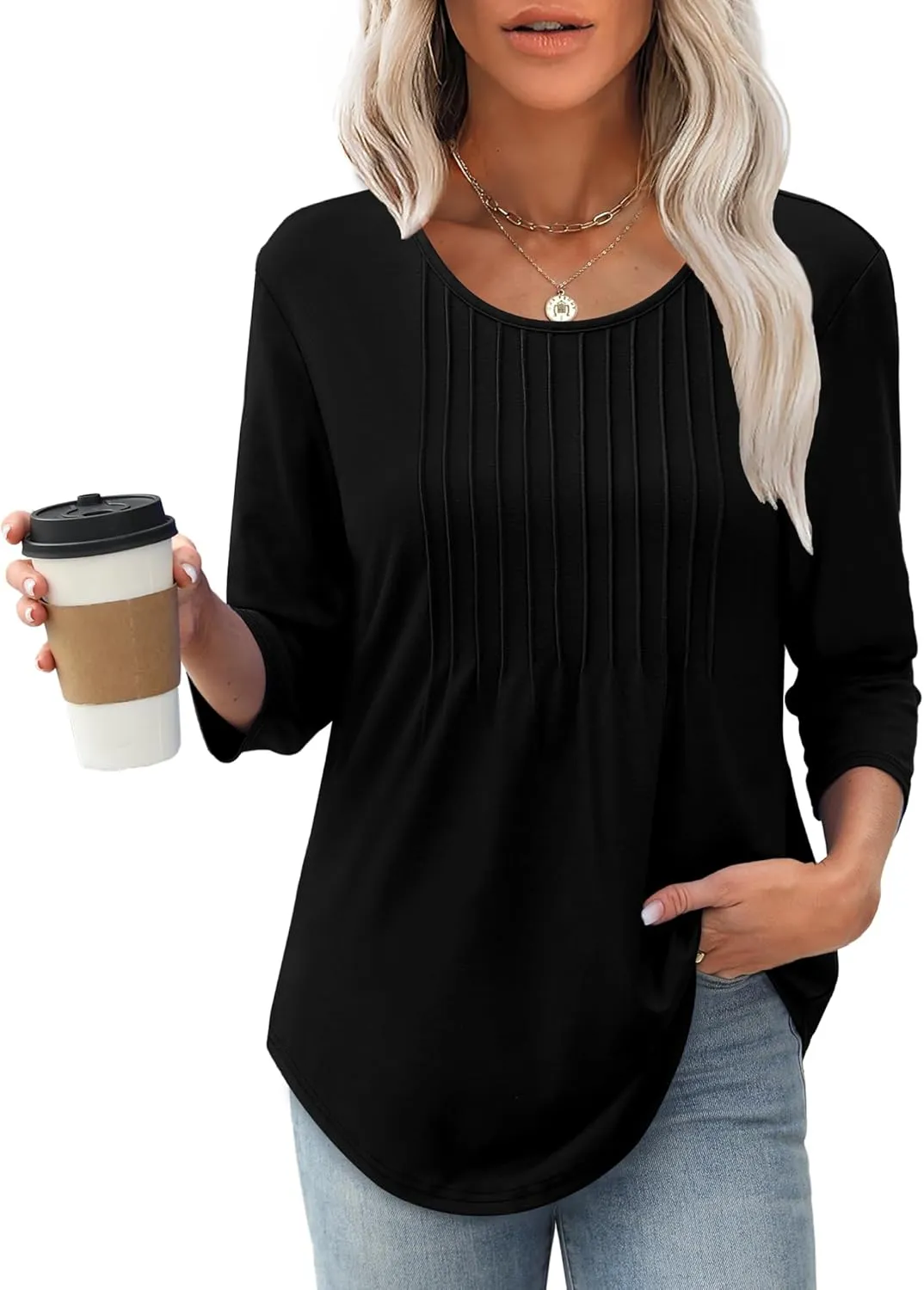 XIEERDUO 3/4 Length Sleeve Tops for Women 2025 Crewneck Casual Pleated Tunic Tops Loose Fit Shirts Blouses