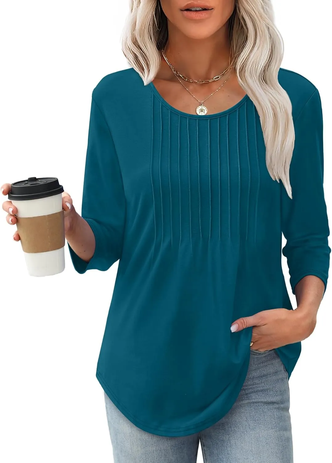 XIEERDUO 3/4 Length Sleeve Tops for Women 2025 Crewneck Casual Pleated Tunic Tops Loose Fit Shirts Blouses