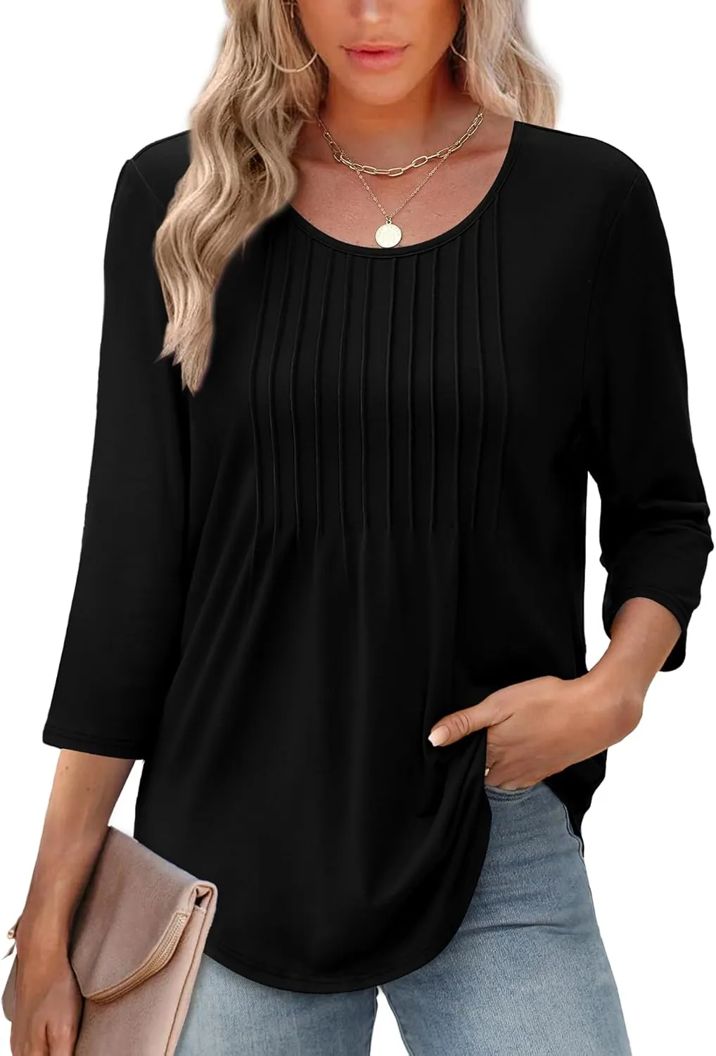 XIEERDUO 3/4 Length Sleeve Tops for Women 2025 Crewneck Casual Pleated Tunic Tops Loose Fit Shirts Blouses